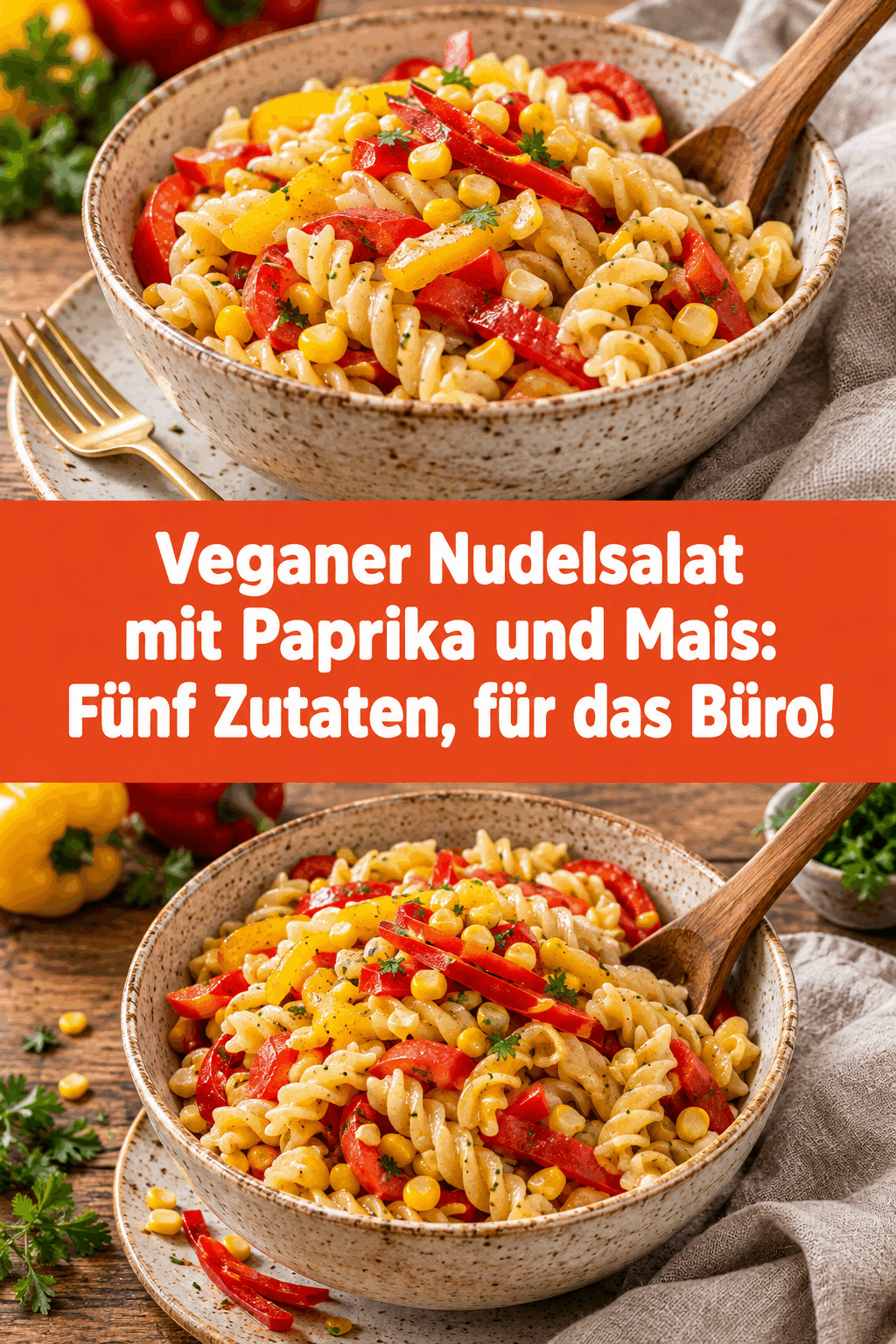 Veganer Nudelsalat mit Paprika und Mais: Fünf Zutaten, für das Büro!