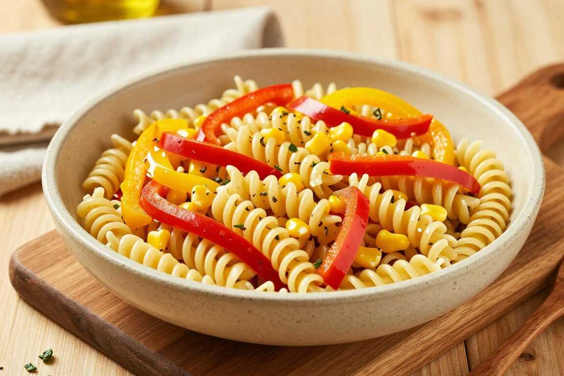 Veganer Nudelsalat mit Paprika und Mais: Fünf Zutaten, für das Büro!