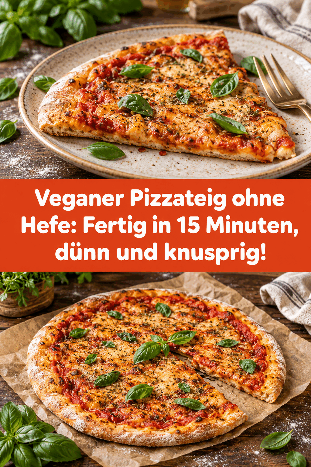 Veganer Pizzateig ohne Hefe: Fertig in 15 Minuten, dünn und knusprig!