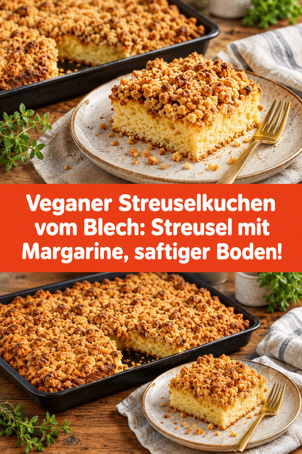 Veganer Streuselkuchen vom Blech: Streusel mit Margarine, saftiger Boden!