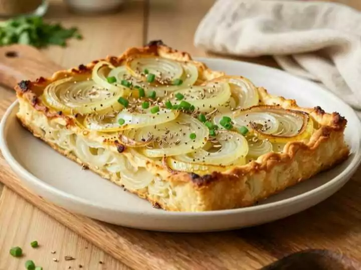 Veganer Zwiebelkuchen mit Hefeteig: Ein Blech, 1 kg Zwiebeln, ohne Speck!