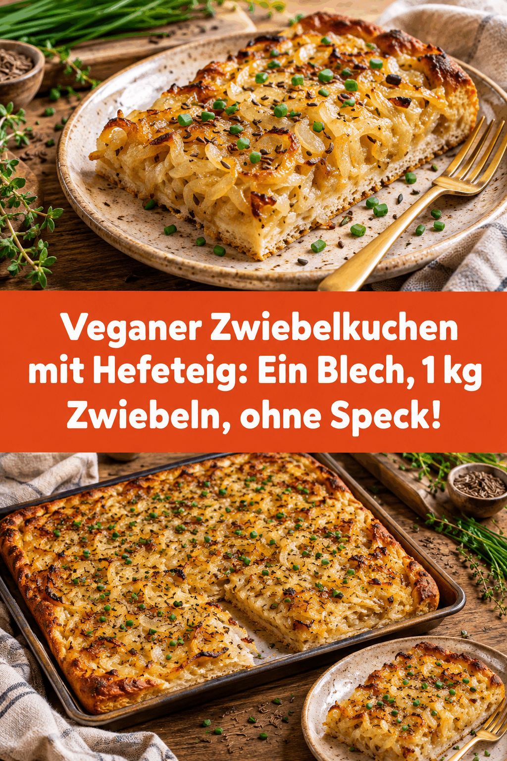 Veganer Zwiebelkuchen mit Hefeteig: Ein Blech, 1 kg Zwiebeln, ohne Speck!