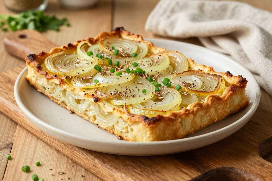 Veganer Zwiebelkuchen mit Hefeteig: Ein Blech, 1 kg Zwiebeln, ohne Speck!