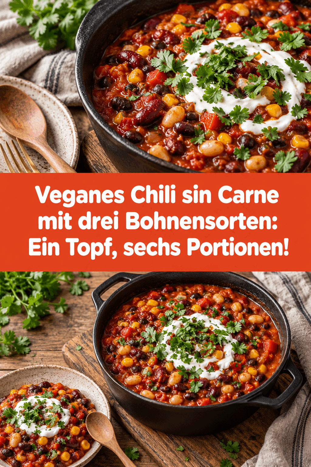 Veganes Chili sin Carne mit drei Bohnensorten: Ein Topf, sechs Portionen!