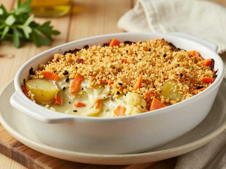 Veganes Gemüsegratin mit Semmelbröseln: Knusprig ohne Käse!