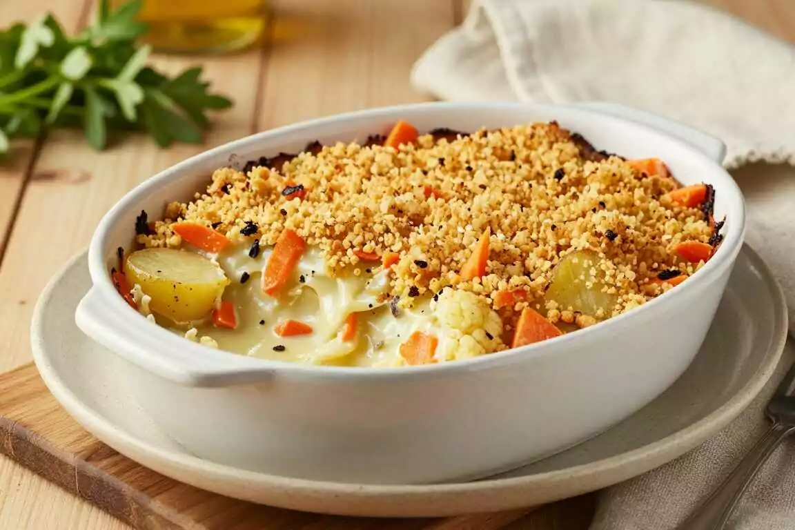 Veganes Gemüsegratin mit Semmelbröseln: Knusprig ohne Käse!