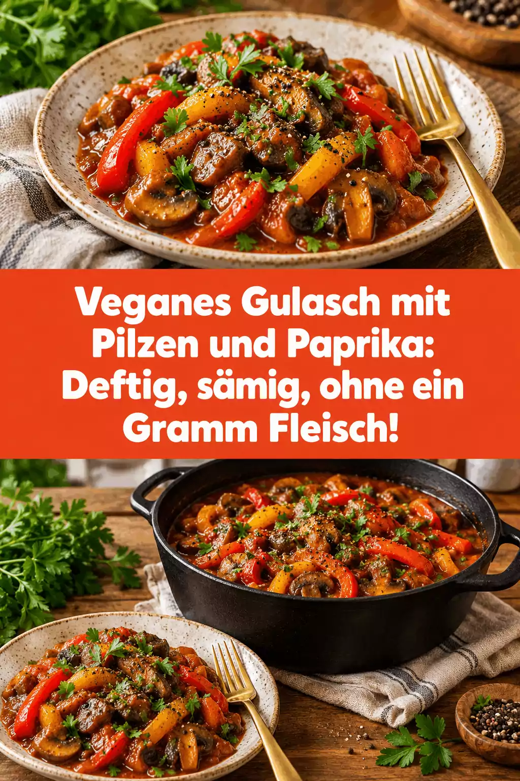 Veganes Gulasch mit Pilzen und Paprika: Deftig, sämig, ohne ein Gramm Fleisch!