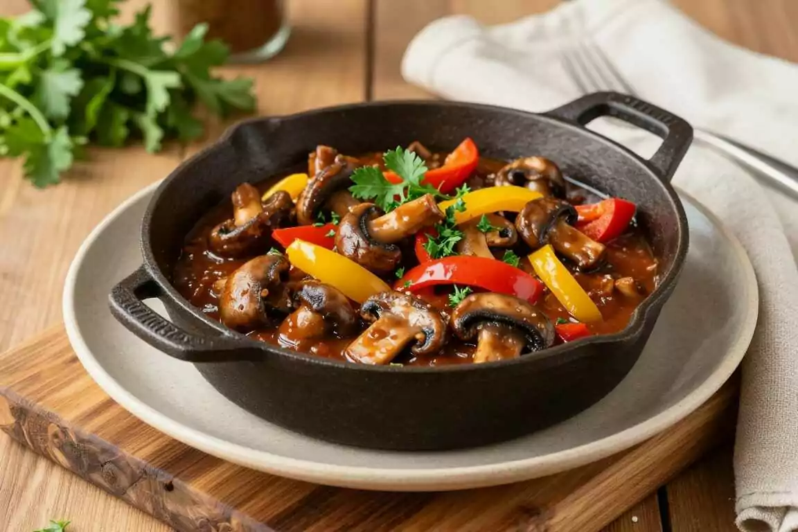 Veganes Gulasch mit Pilzen und Paprika: Deftig, sämig, ohne ein Gramm Fleisch!