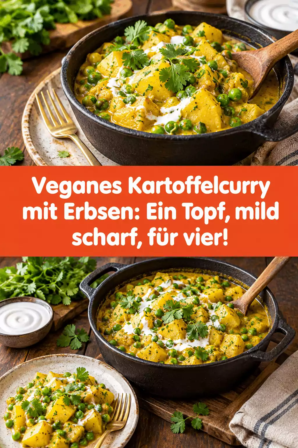 Veganes Kartoffelcurry mit Erbsen: Ein Topf, mild scharf, für vier!