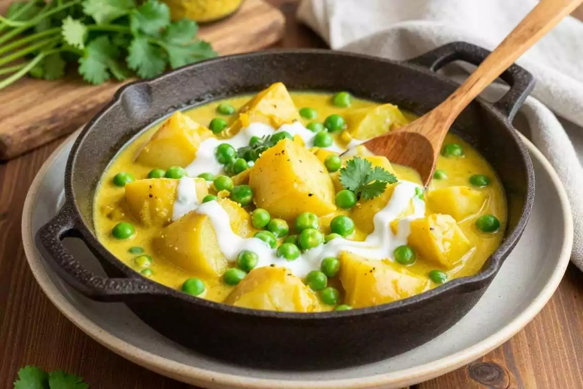Veganes Kartoffelcurry mit Erbsen: Ein Topf, mild scharf, für vier!
