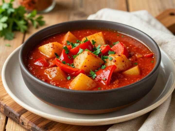 Veganes Kartoffelgulasch mit Paprika: Sämig ohne Mehl, für sechs Teller!