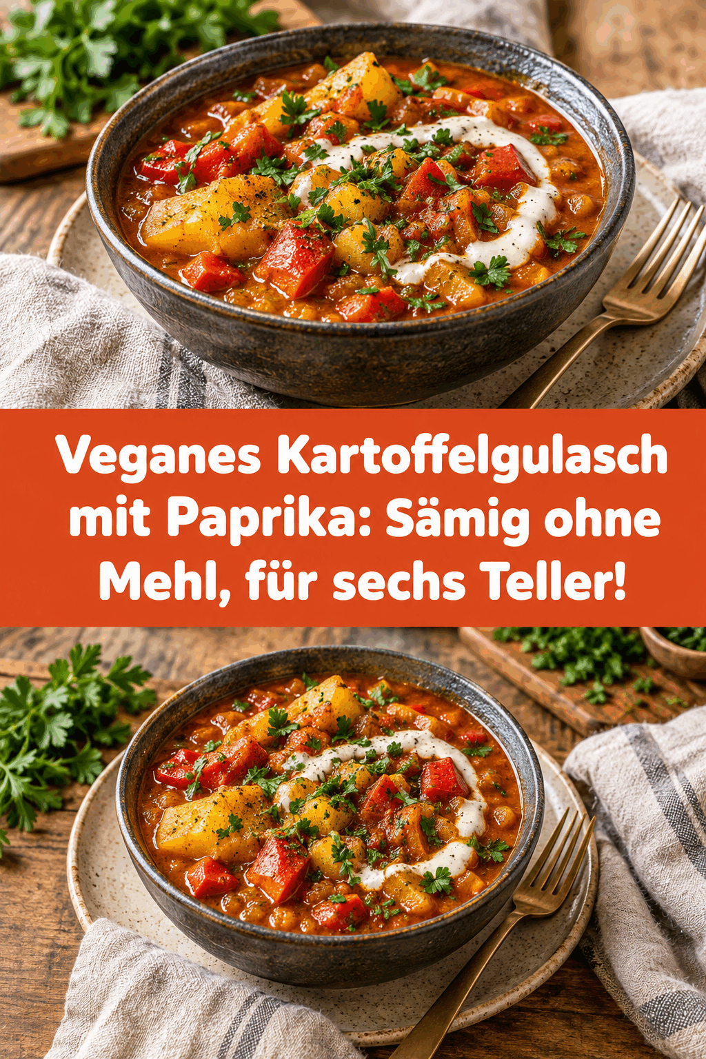 Veganes Kartoffelgulasch mit Paprika: Sämig ohne Mehl, für sechs Teller!