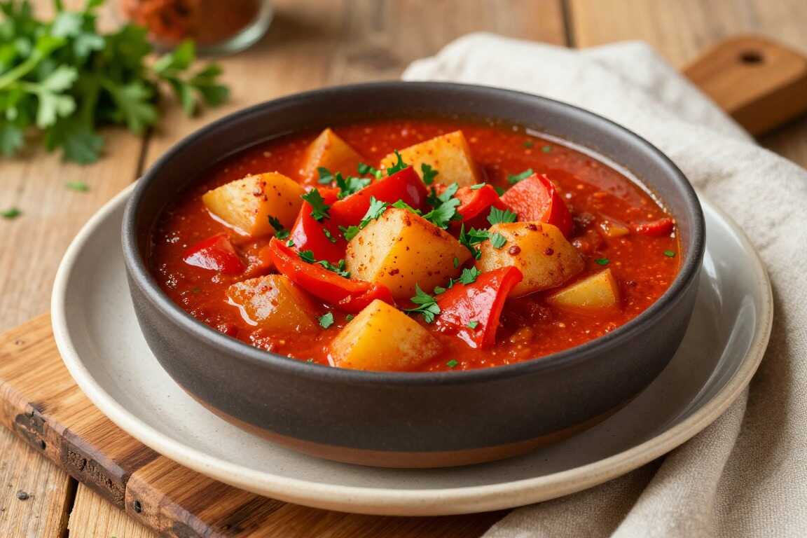 Veganes Kartoffelgulasch mit Paprika: Sämig ohne Mehl, für sechs Teller!