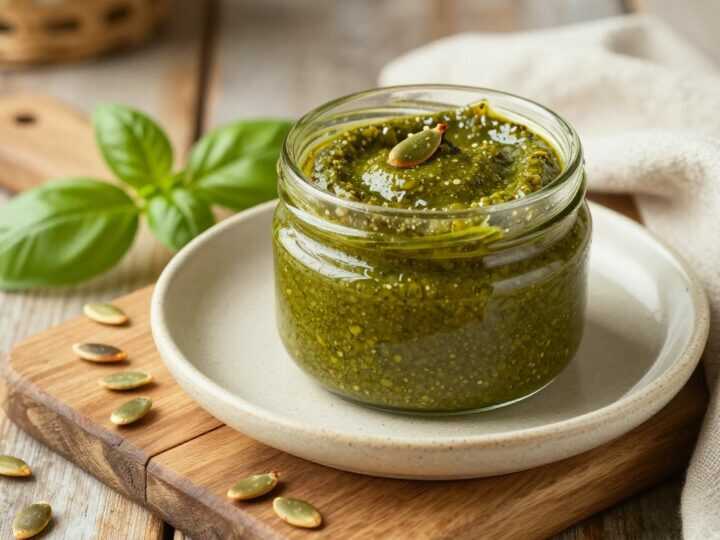 Veganes Kürbiskern-Pesto: 150 g Kerne, ohne Parmesan, hält zwei Wochen!