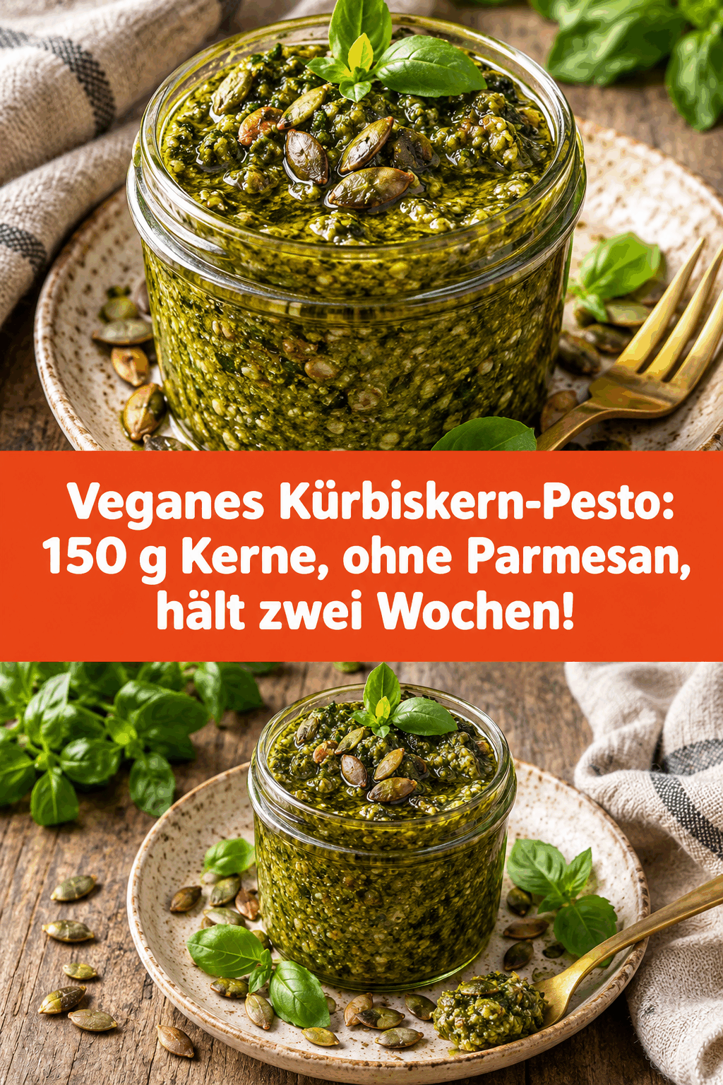 Veganes Kürbiskern-Pesto: 150 g Kerne, ohne Parmesan, hält zwei Wochen!