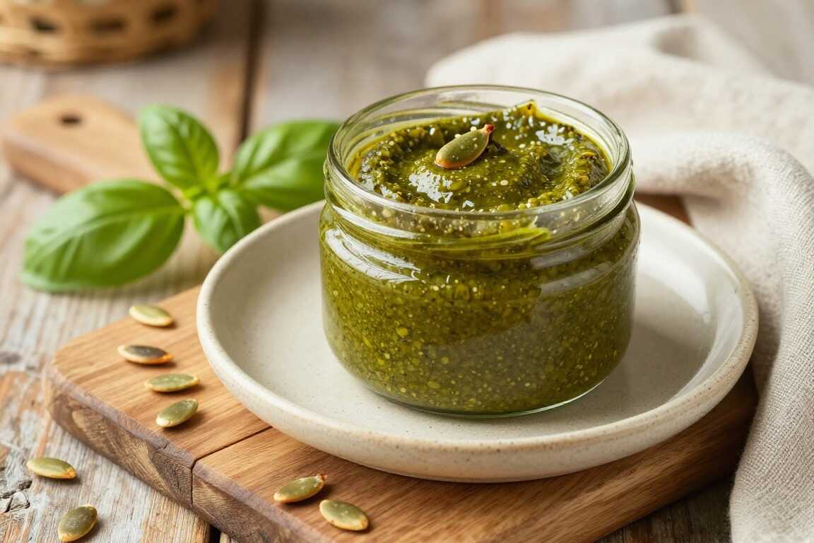 Veganes Kürbiskern-Pesto: 150 g Kerne, ohne Parmesan, hält zwei Wochen!