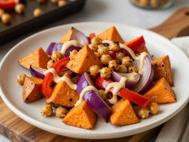 Veganes Ofengemüse mit Tahini-Soße: Ein Blech, 35 Minuten, satt ohne Beilage!