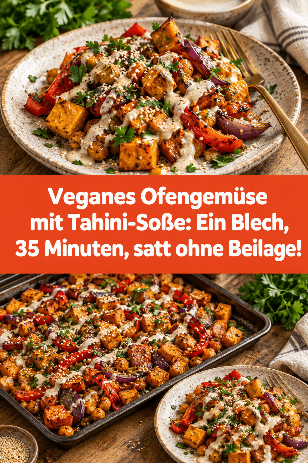 Veganes Ofengemüse mit Tahini-Soße: Ein Blech, 35 Minuten, satt ohne Beilage!