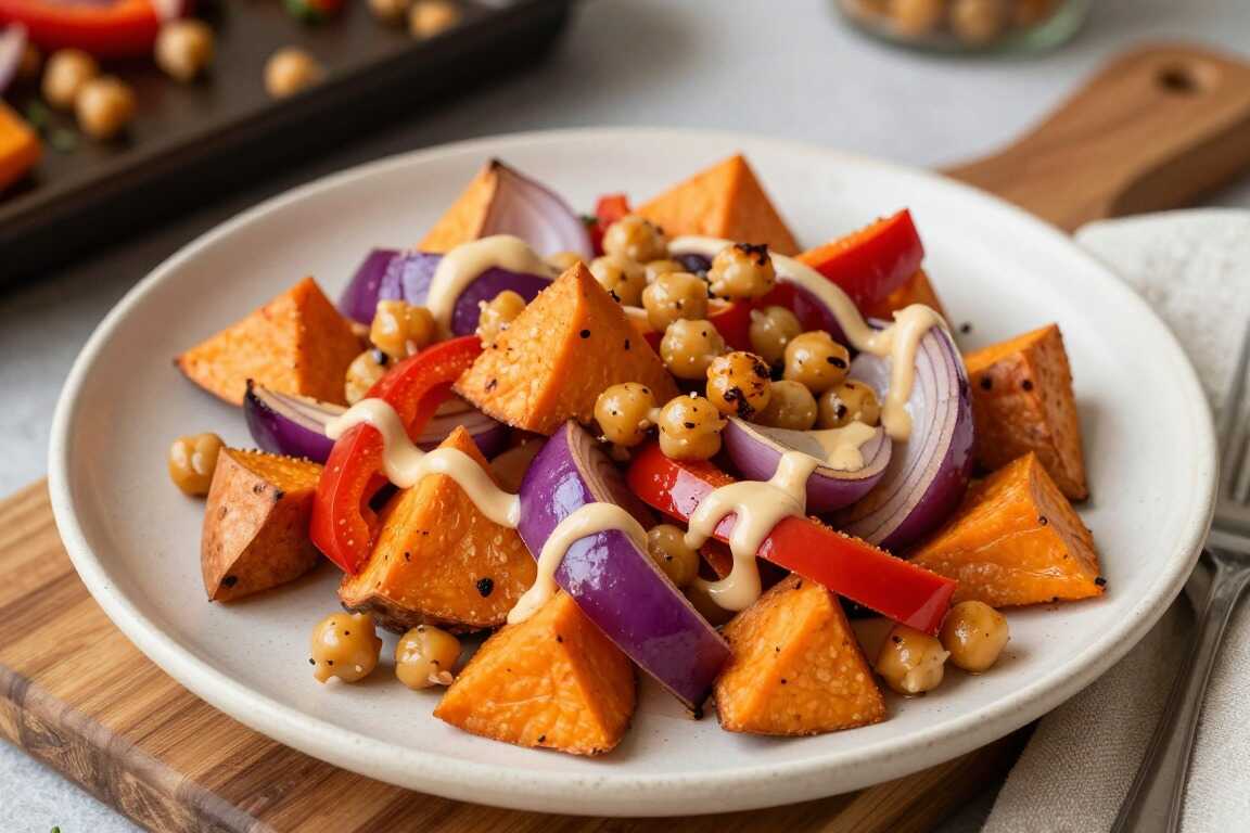 Veganes Ofengemüse mit Tahini-Soße: Ein Blech, 35 Minuten, satt ohne Beilage!