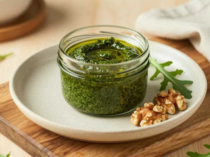 Veganes Pesto aus Rucola und Walnüssen: 200 g Glas, ohne Käse, hält drei Wochen!