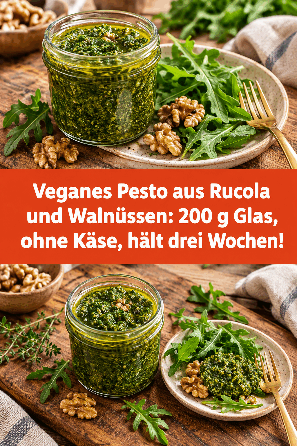 Veganes Pesto aus Rucola und Walnüssen: 200 g Glas, ohne Käse, hält drei Wochen!