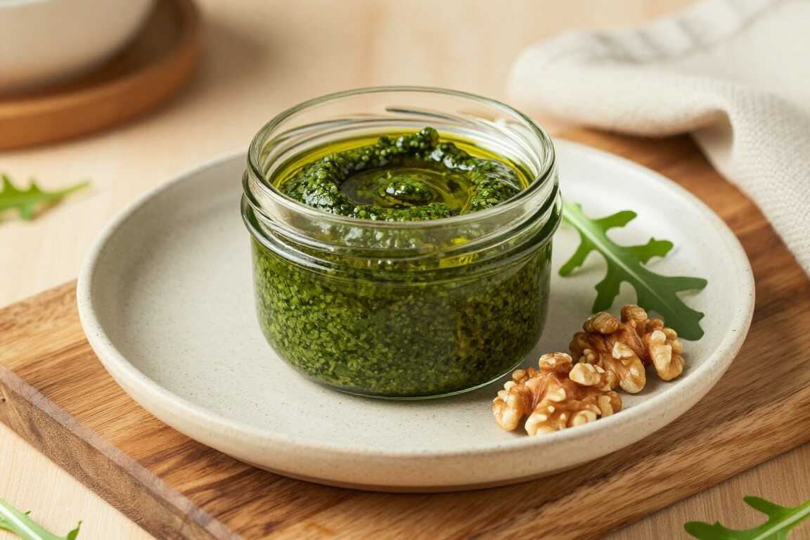 Veganes Pesto aus Rucola und Walnüssen: 200 g Glas, ohne Käse, hält drei Wochen!