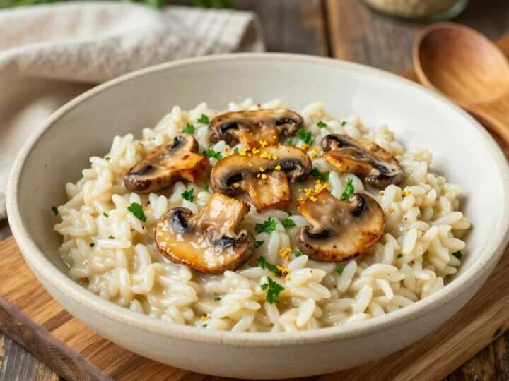 Veganes Pilz-Risotto mit Hefeflocken: Cremig gerührt, ohne Butter und Parmesan!