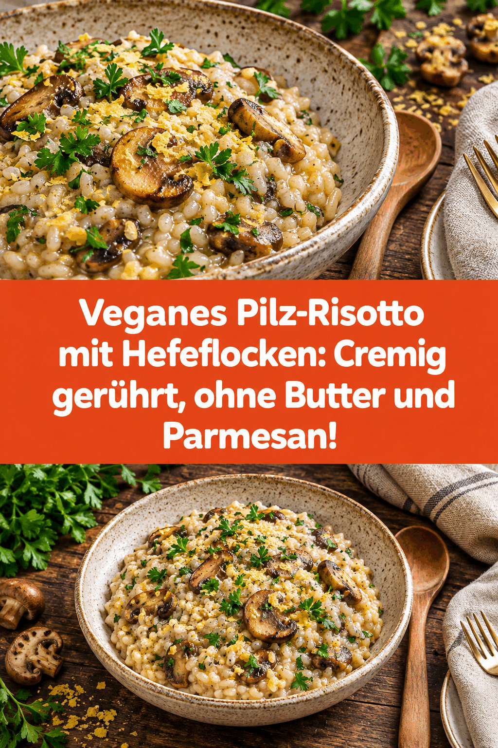 Veganes Pilz-Risotto mit Hefeflocken: Cremig gerührt, ohne Butter und Parmesan!