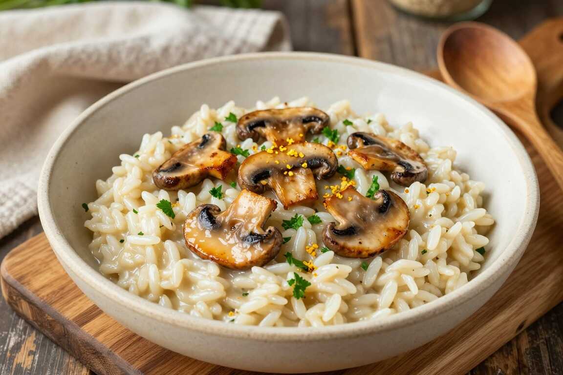 Veganes Pilz-Risotto mit Hefeflocken: Cremig gerührt, ohne Butter und Parmesan!