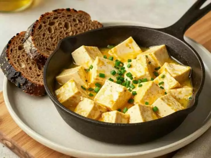 Veganes Rührei aus Tofu: 200 g Tofu, gelb gewürzt, für zwei Frühstücke!