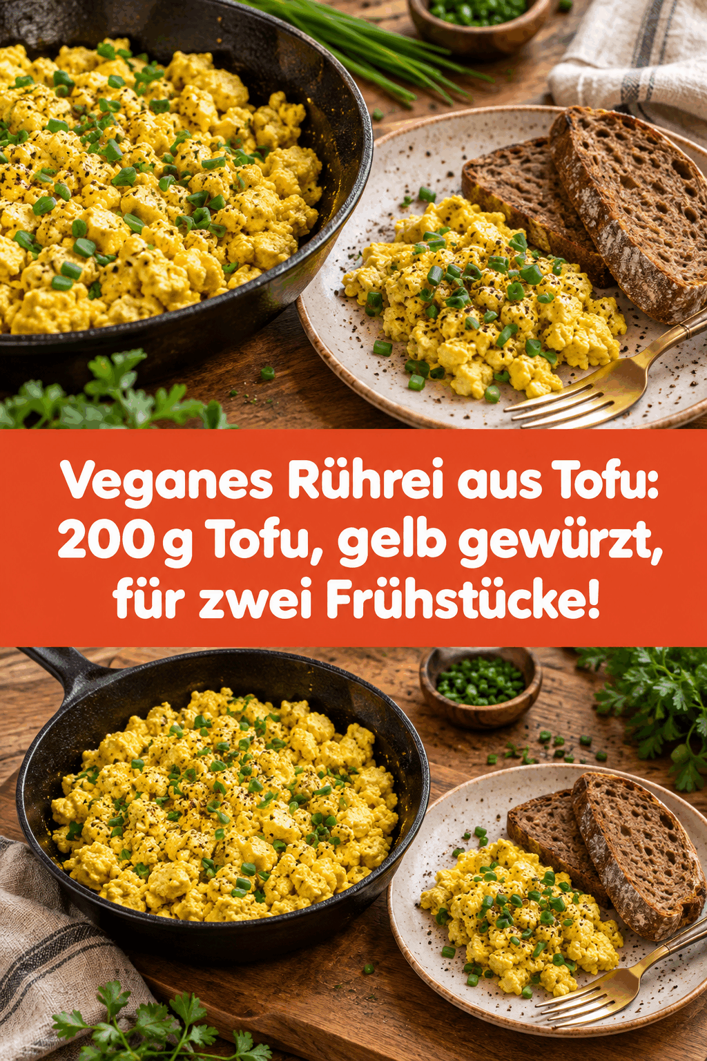 Veganes Rührei aus Tofu: 200 g Tofu, gelb gewürzt, für zwei Frühstücke!