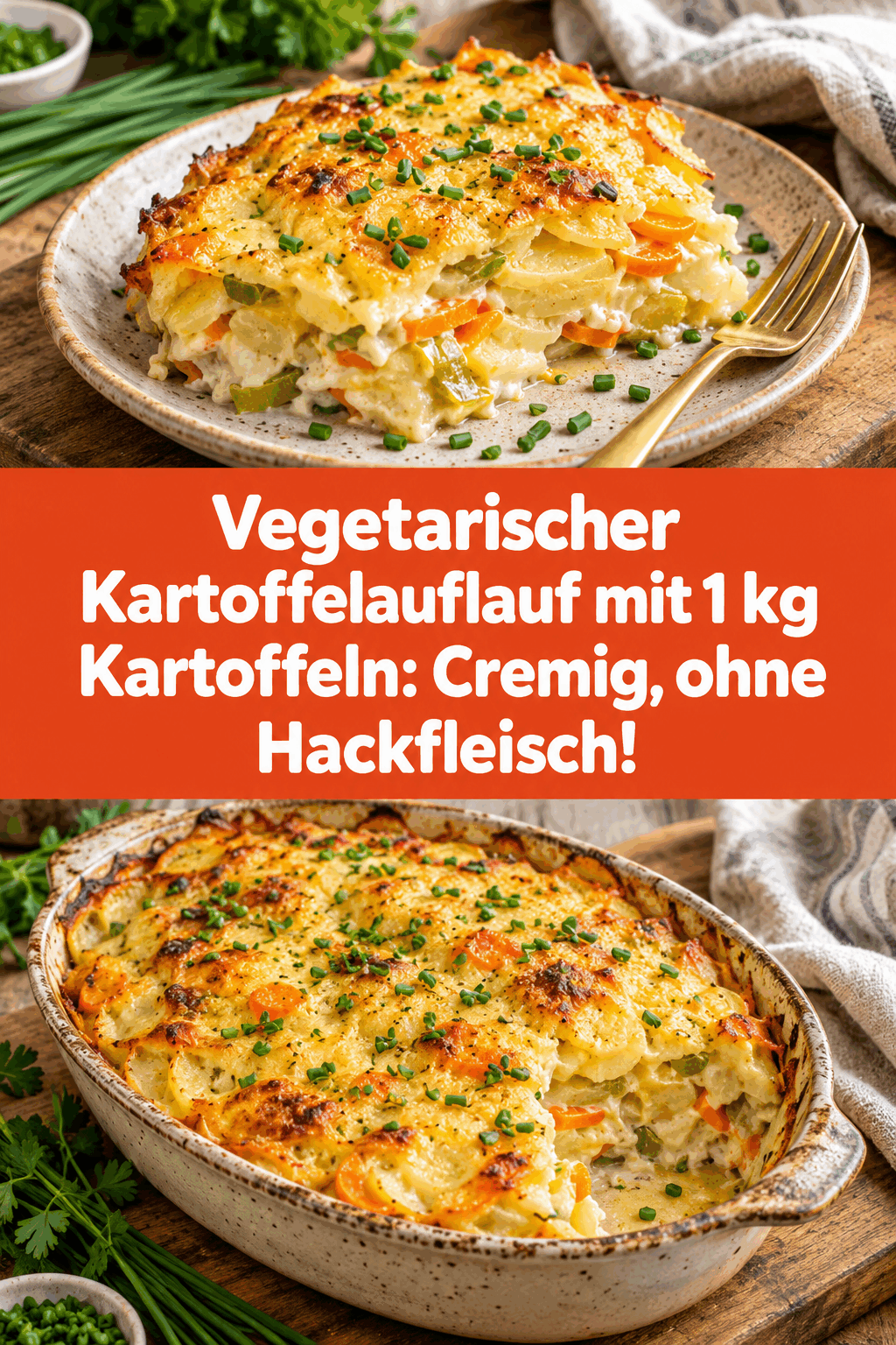 Vegetarischer Kartoffelauflauf mit 1 kg Kartoffeln: Cremig, ohne Hackfleisch!