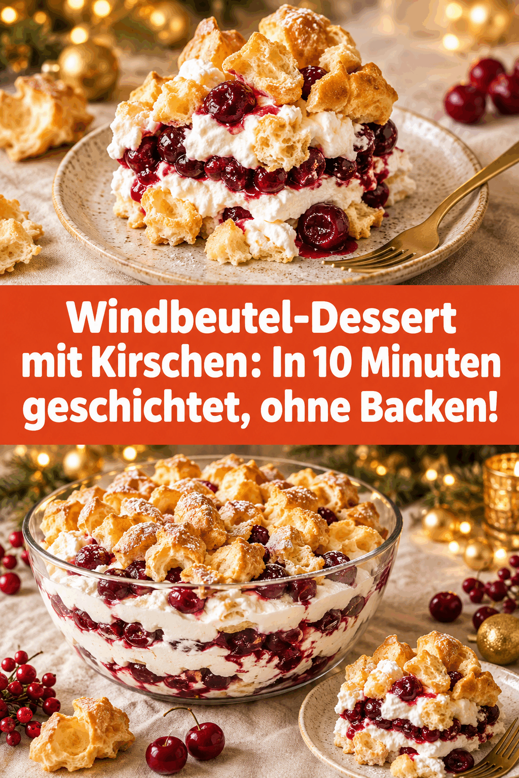 Windbeutel-Dessert mit Kirschen: In 10 Minuten geschichtet, ohne Backen!