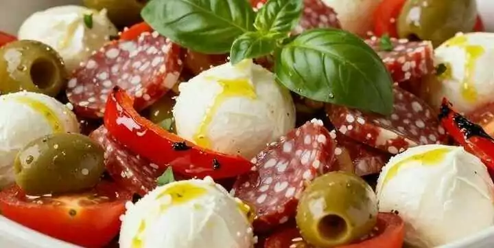 Antipasti-Salat mit Mozzarella: Das Buffet-Rezept aus 7 Zutaten!