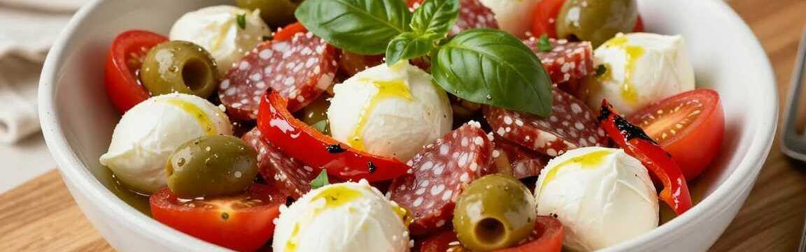 Antipasti-Salat mit Mozzarella: Das Buffet-Rezept aus 7 Zutaten!