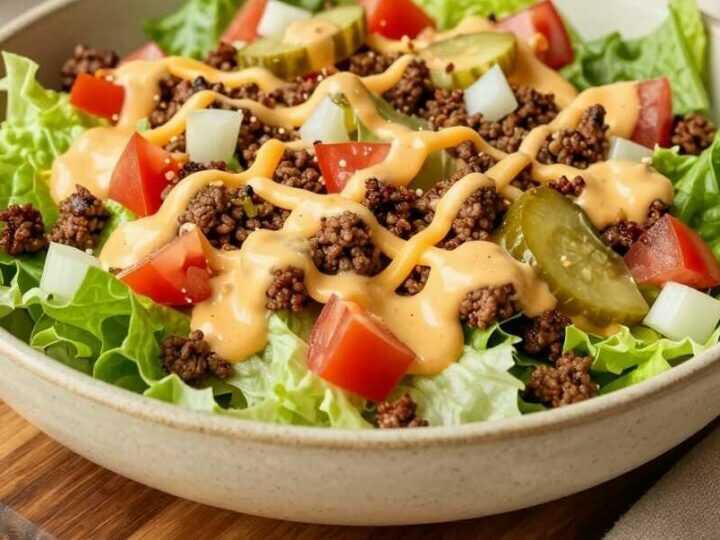 Cheeseburger-Salat für 6 Personen: Deftig, low carb, in 25 Minuten!