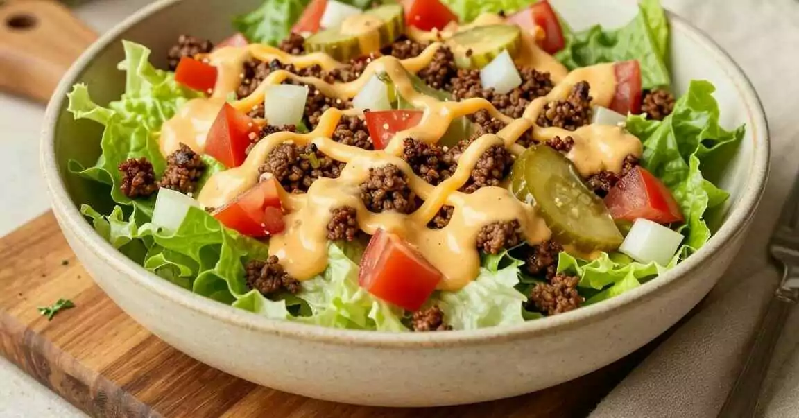Cheeseburger-Salat für 6 Personen: Deftig, low carb, in 25 Minuten!