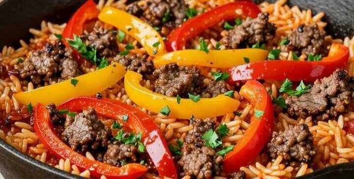 Hackfleischpfanne mit Paprika und Reis: Ein Topf, 25 Minuten!