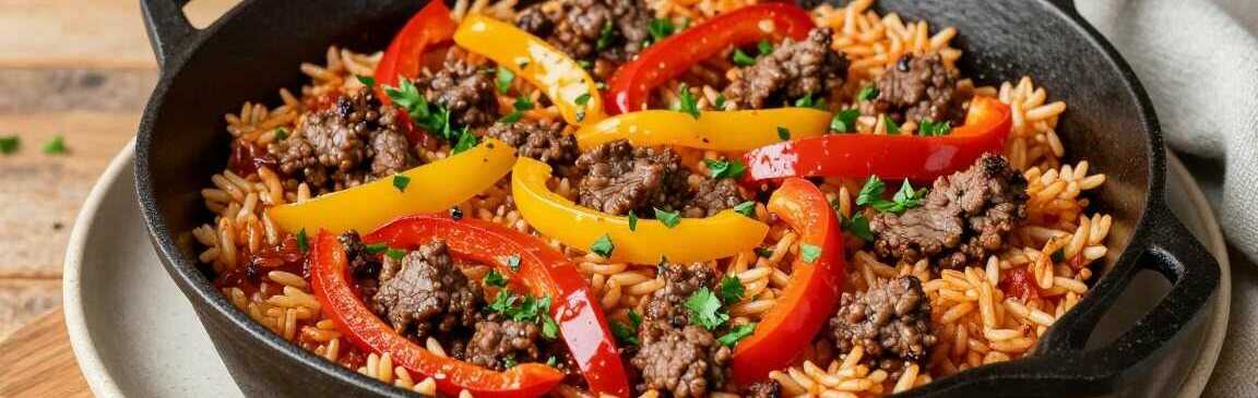 Hackfleischpfanne mit Paprika und Reis: Ein Topf, 25 Minuten!