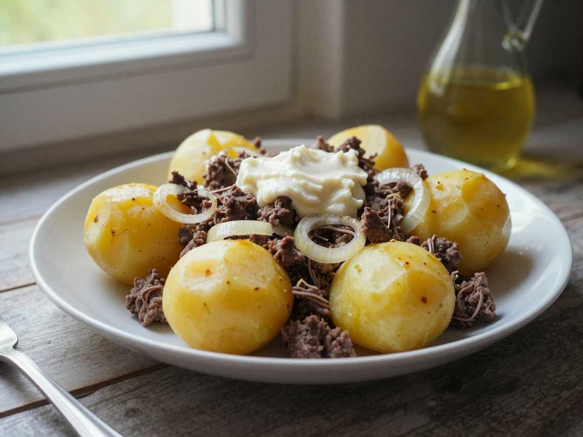 Kartoffelhälften mit Hackfleisch überbacken, der Klassiker der deutschen Küche neu entdeckt – während der Zubereitung