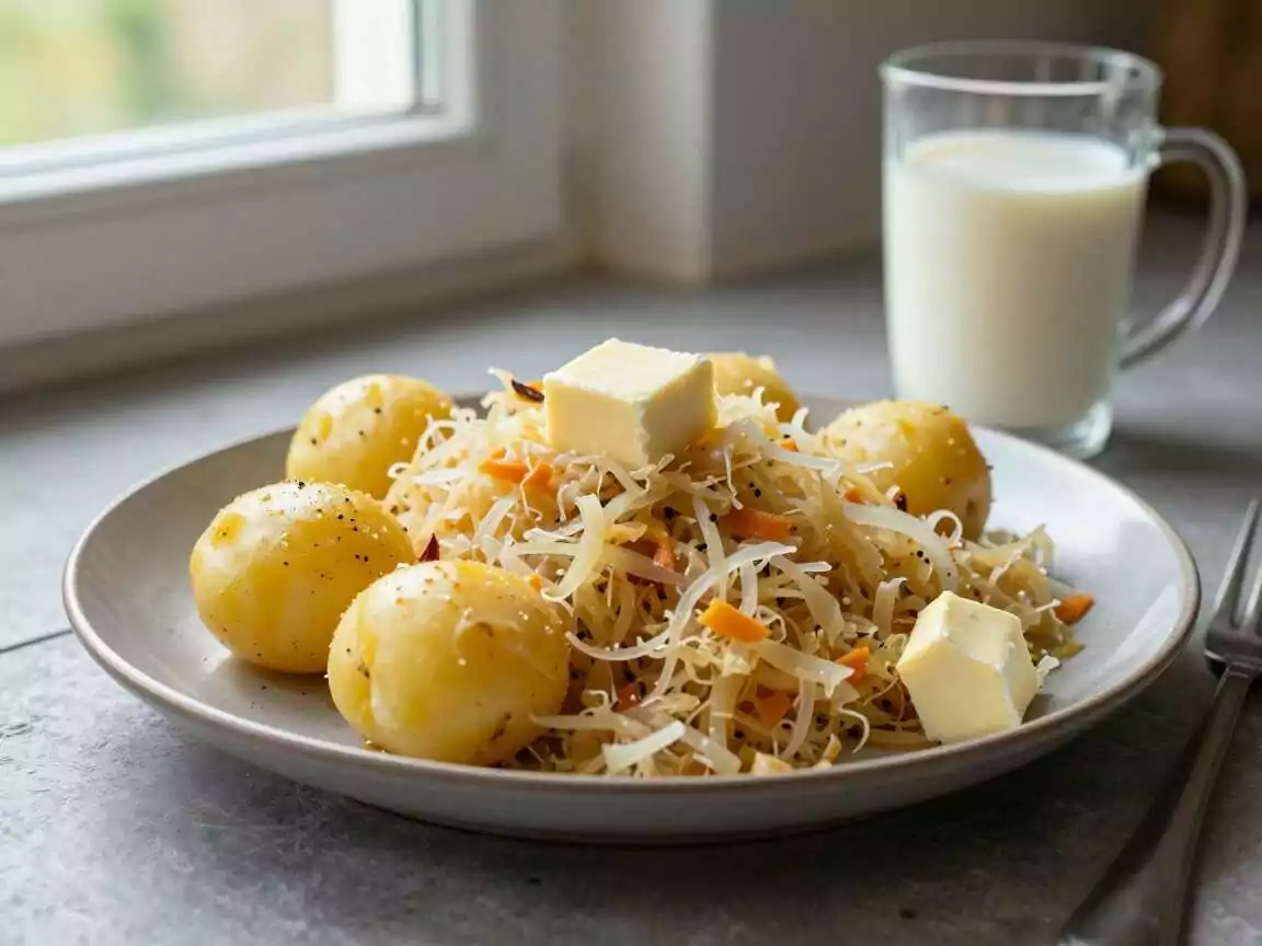 Kartoffelstampf mit Sauerkraut untergehoben, das beliebteste Kartoffelrezept auf Pinterest – während der Zubereitung