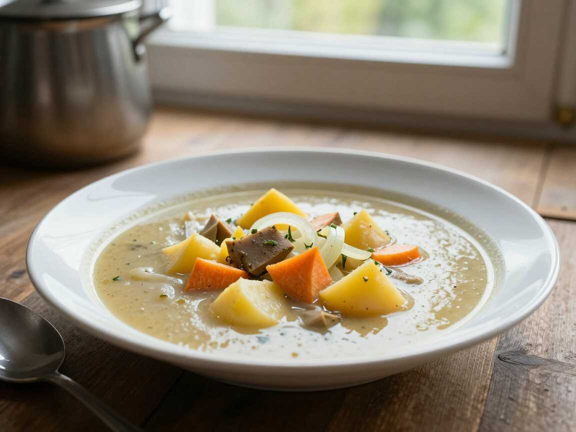 Kartoffelsuppe vegetarisch mit Wurzelgemüse – Kinder lieben dieses Rezept – während der Zubereitung