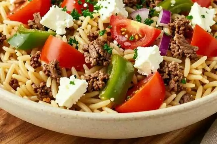 Kritharaki-Salat mit Hackfleisch: Der griechische Partysalat!
