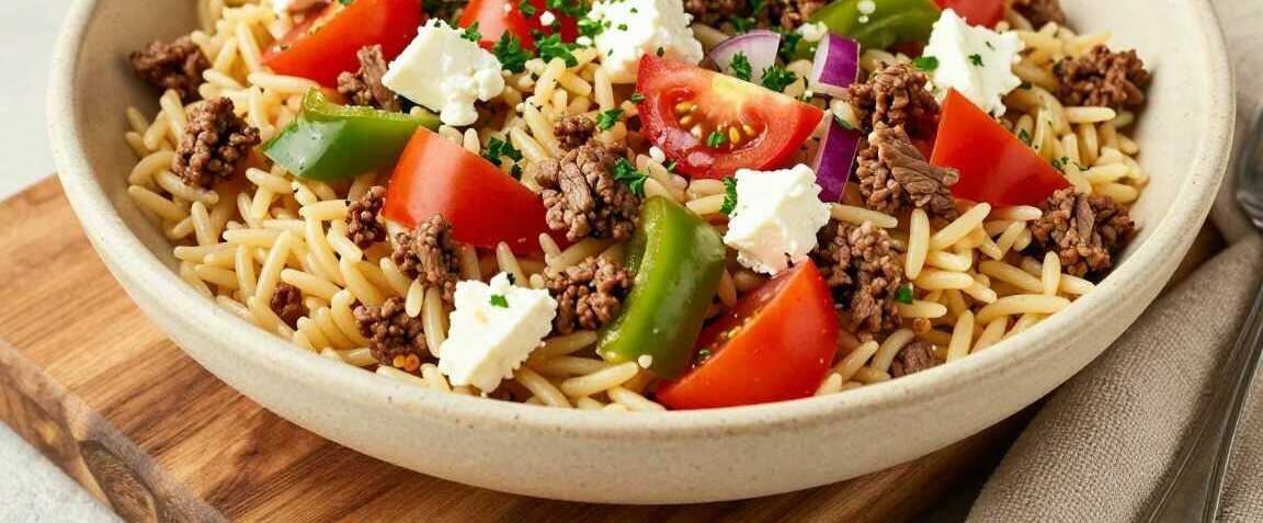 Kritharaki-Salat mit Hackfleisch: Der griechische Partysalat!