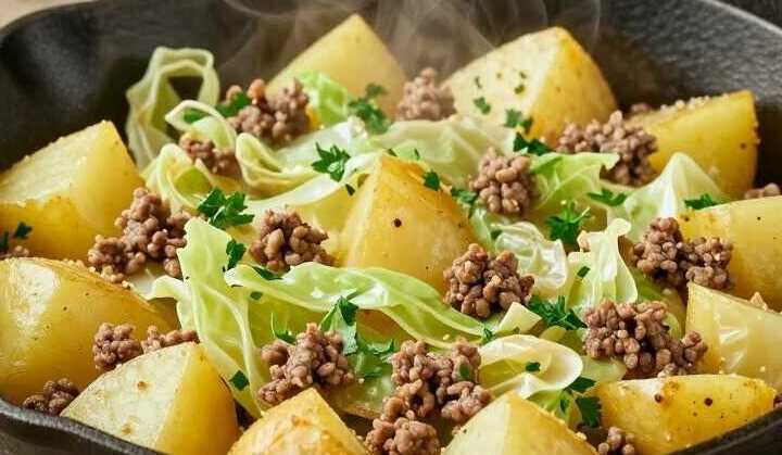 Spitzkohl-Kartoffel-Pfanne mit Hackfleisch: Deftig, günstig, in 30 Minuten!