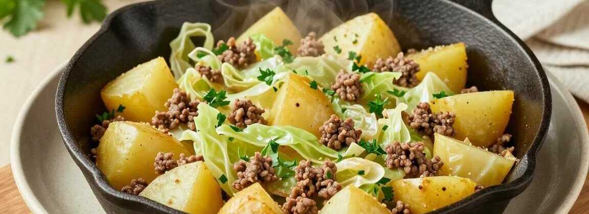 Spitzkohl-Kartoffel-Pfanne mit Hackfleisch: Deftig, günstig, in 30 Minuten!